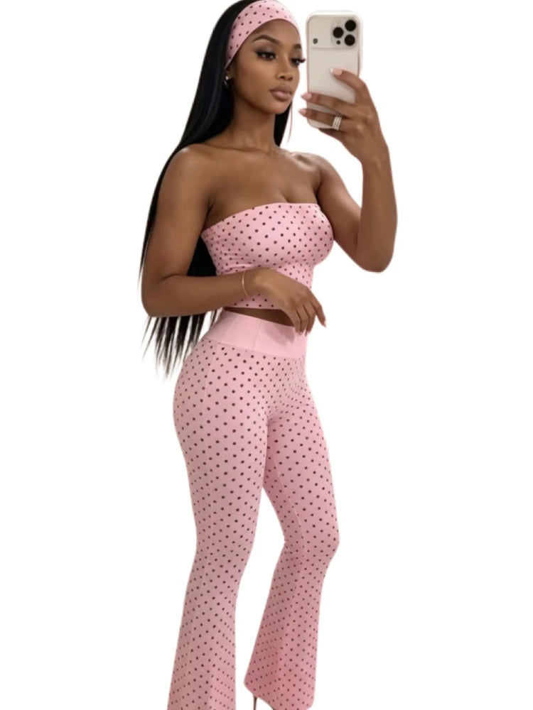 Women's Polka Dot Strapless Crop Two Piece Set Black – Detail View