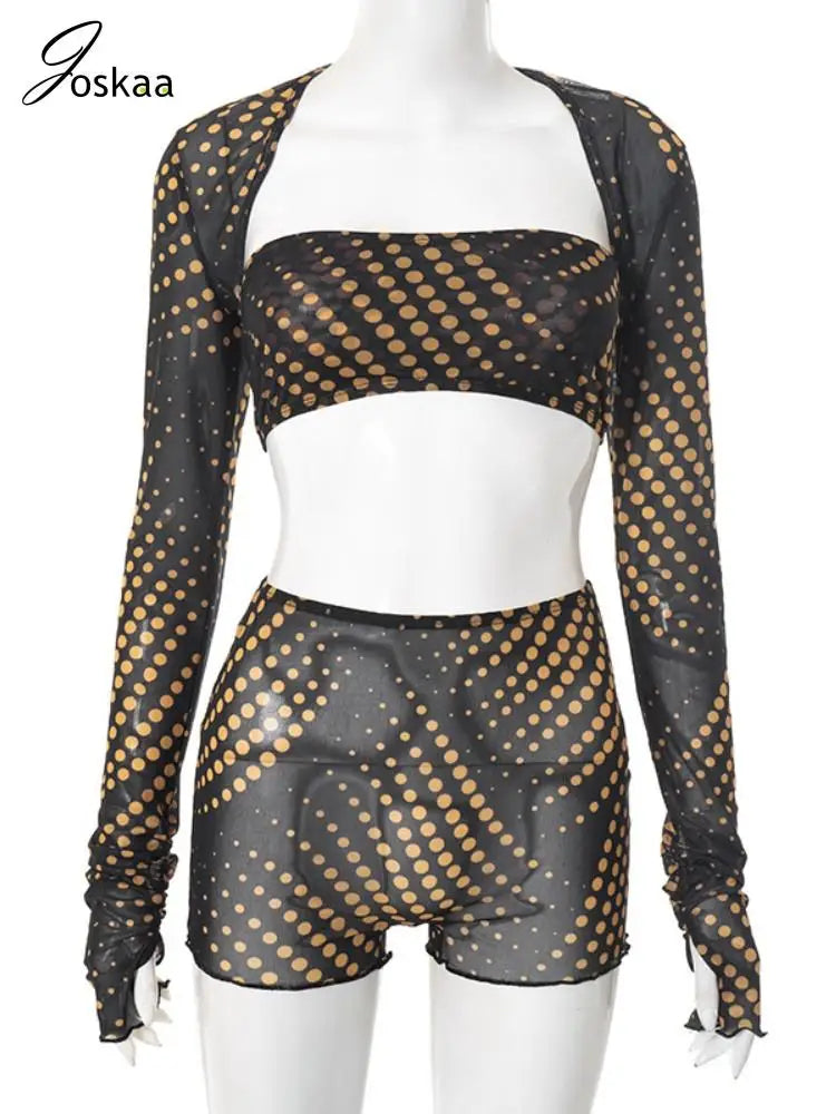 Women's Polka Dot Mesh Strapless Two Piece Set Black – Back View