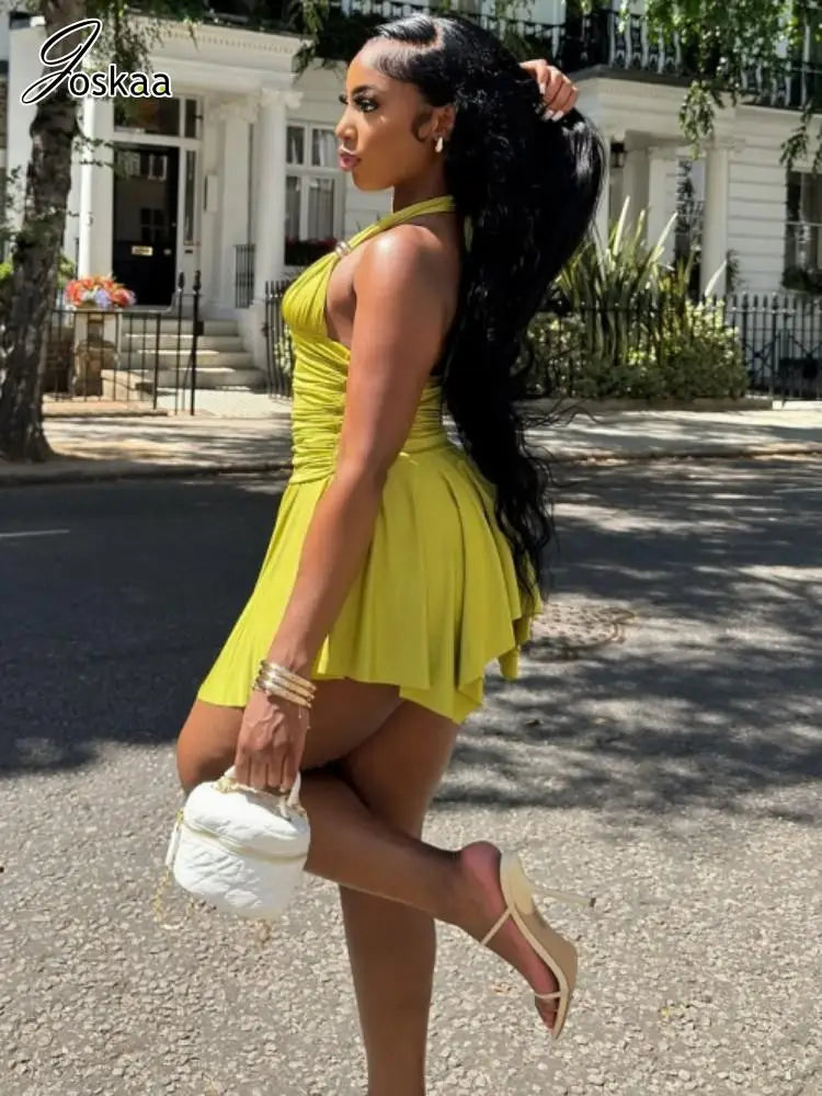 Women's Lace Ruched Backless Halter Mini Dress Green – Side View