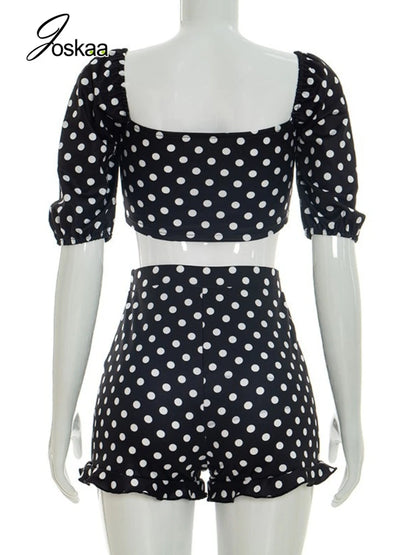 Women's Polka Dot Short Sleeve Crop Two Piece Set Blue – Detail View