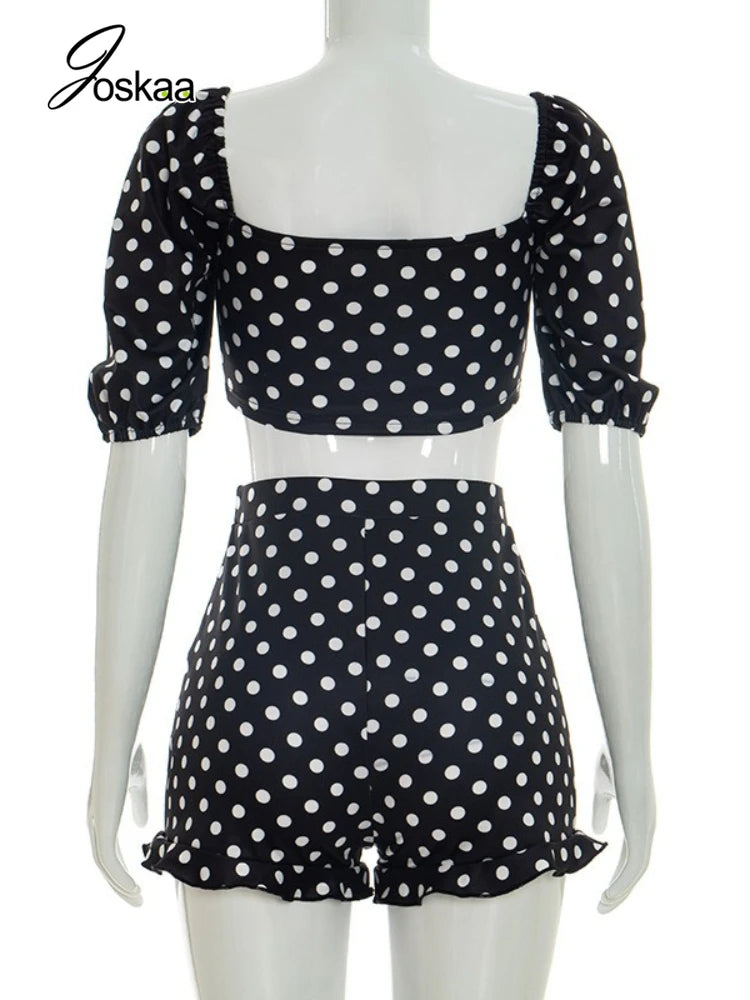 Women's Polka Dot Short Sleeve Crop Two Piece Set Blue – Detail View