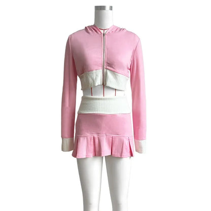 Women's Long Sleeve Zip Hooded Pleated Two Piece Set