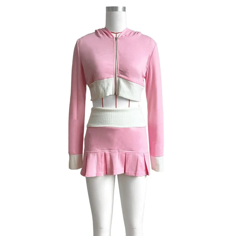 Women's Long Sleeve Zip Hooded Pleated Two Piece Set