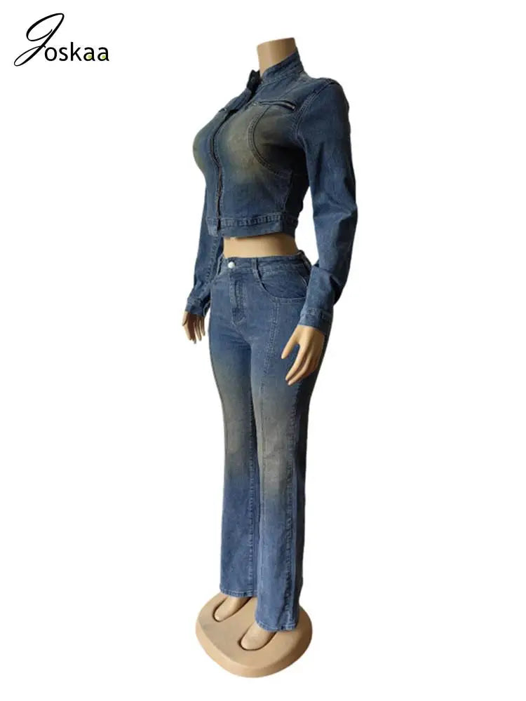 Women's Denim Long Sleeve Crop Two Piece Set Light Blue – Front View