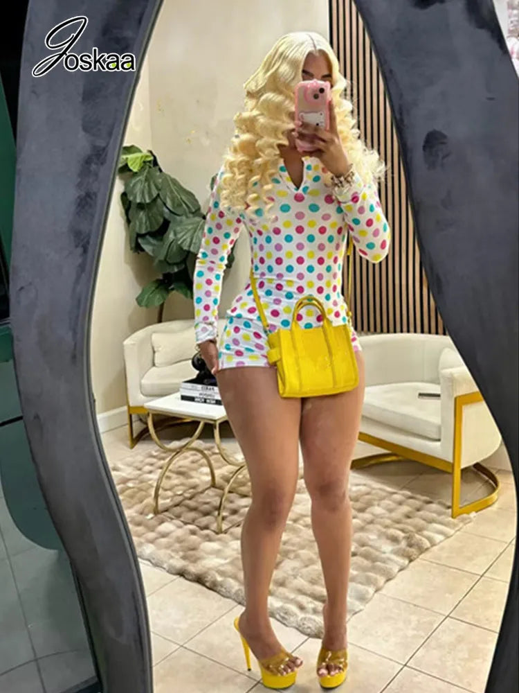 Women's Polka Dot Long Sleeve High Waist Two Piece Set - Front View