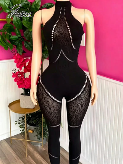 Women's Backless Cutout Halter Bodycon Romper Black – Side View