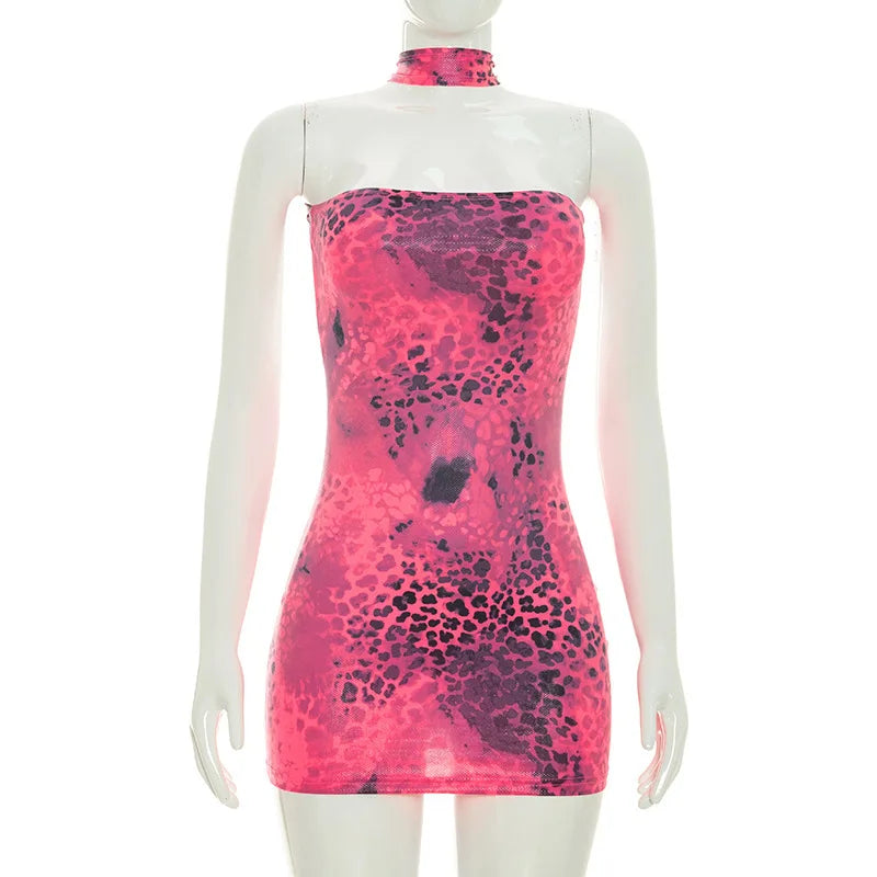 Women's Leopard Print Backless Halter Mini Dress