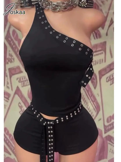 Women's One Shoulder Crop Black Two Piece Set Black Tops – Detail View