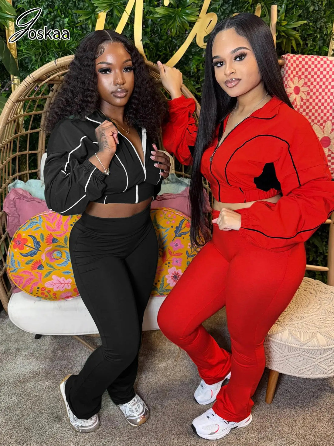 Women's Long Sleeve Flare Zip Two Piece Set Red – Side View