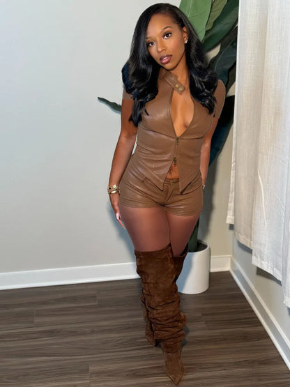 Women's Faux Leather Short Sleeve Two Piece Set