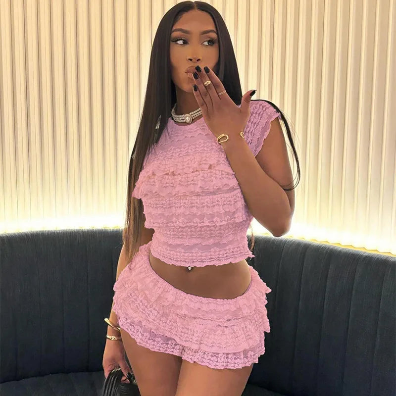 Women's Tierred Apricot Ruffles Two Piece Set