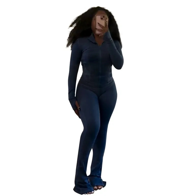 Women's Long Sleeve Flare Zip Two Piece Set