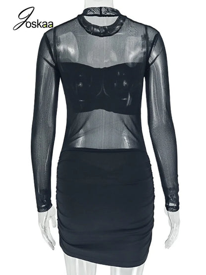 Women's Mesh Ruched Long Sleeve Bodycon Mini Dress - Detail View
