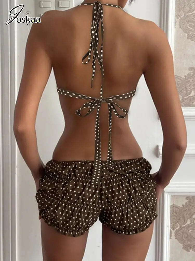 Women's Polka Dot Backless Halter Bikini Set Brown – Side View