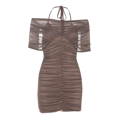 Joskaa Mesh Ruched Halter Short Sleeve Mini Dress - mini dress image 5