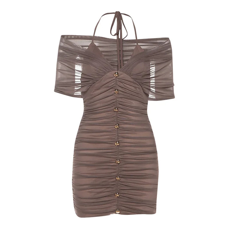 Joskaa Mesh Ruched Halter Short Sleeve Mini Dress - mini dress image 5