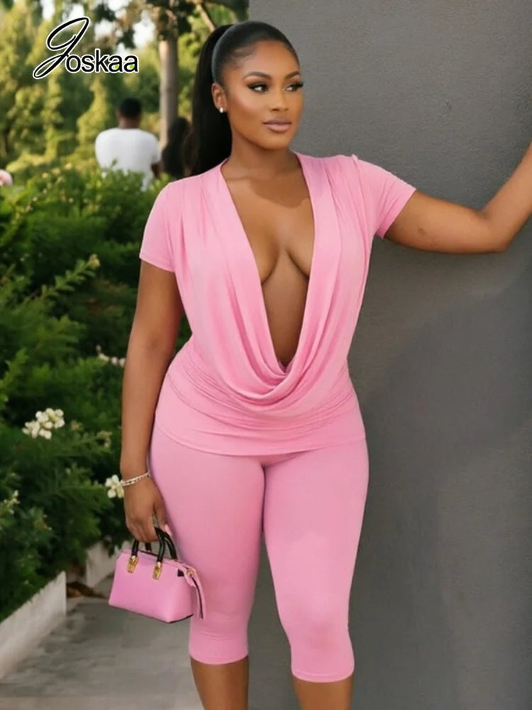 Women's Ruched V-neck Bodycon High Waist Two Piece Set - Side View