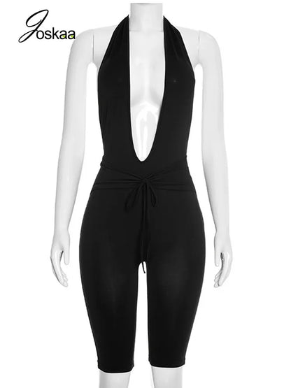 Women's Ruched Backless Halter Sleeveless Romper Red – Back View