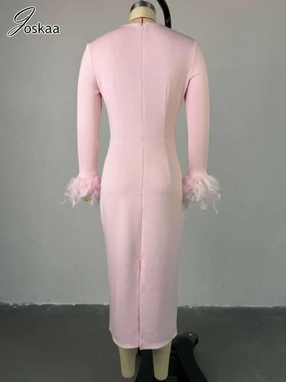 Women's Long Sleeve Elegant Solid Square Bodycon Dress Pink – Detail View
