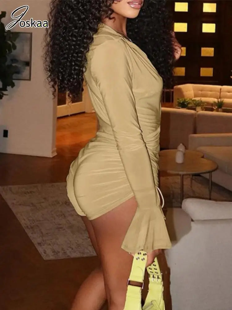 Women's Ruched Long Sleeve Bodycon Romper Khaki – Side View