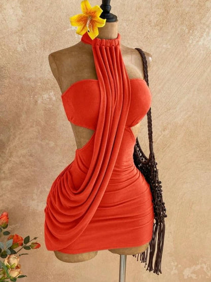 Joskaa Sexy Backless Irregular Halter Neck Mini Dress Women Asymmetrical Hem Bandage Wrap Design Slim Fit Dresses Party Clubwear