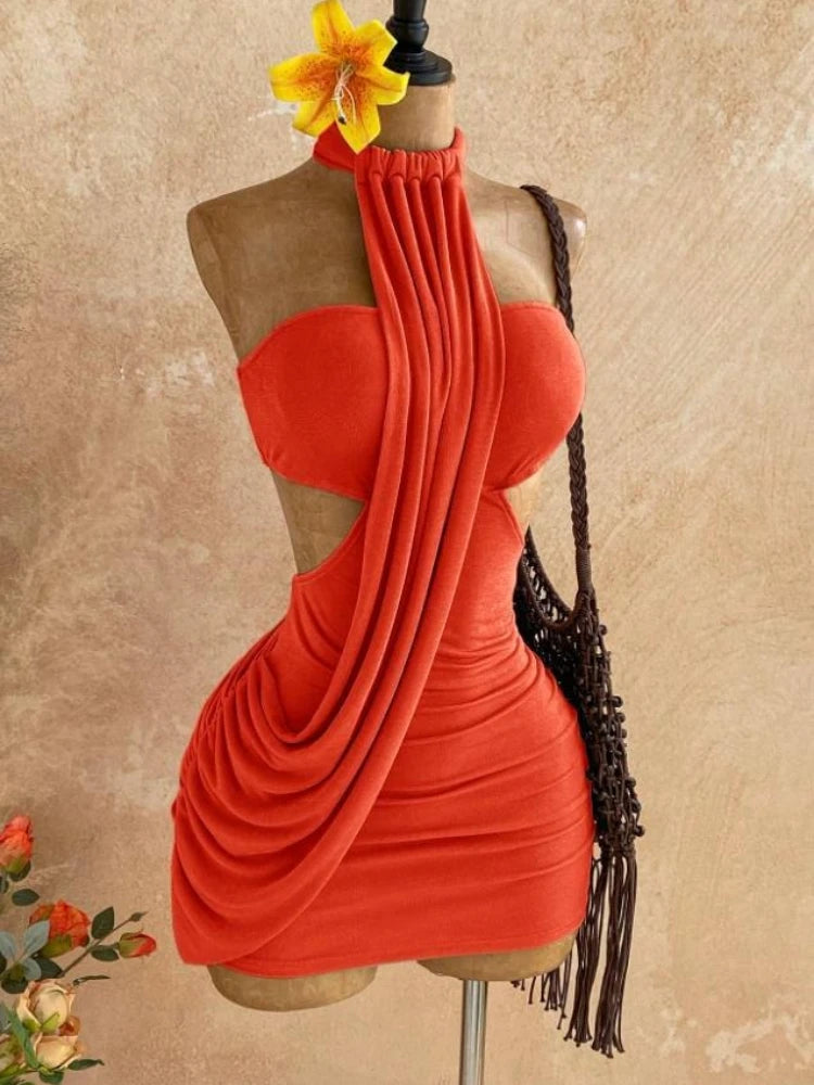 Joskaa Sexy Backless Irregular Halter Neck Mini Dress Women Asymmetrical Hem Bandage Wrap Design Slim Fit Dresses Party Clubwear