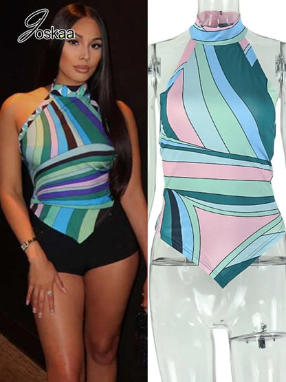 Women's Striped Backless Halter Sleeveless Top - Women's Fashion Wholesale - Front View