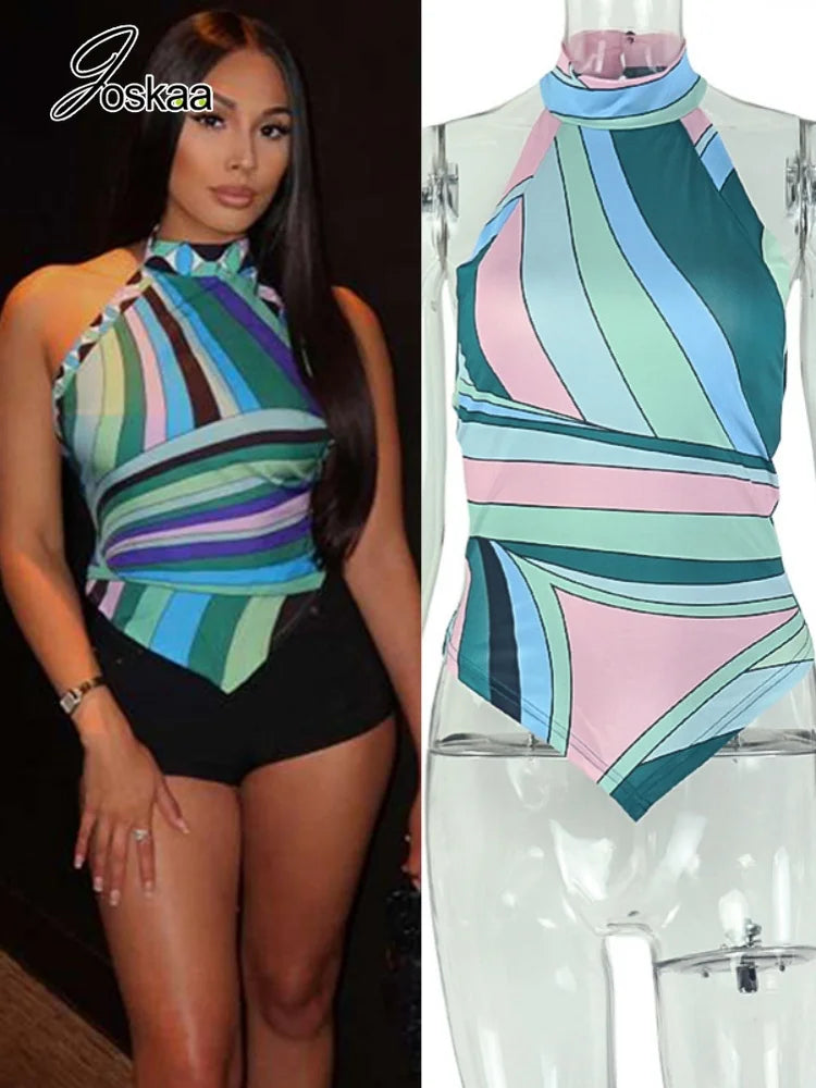 Women's Striped Backless Halter Sleeveless Top - Women's Fashion Wholesale - Front View