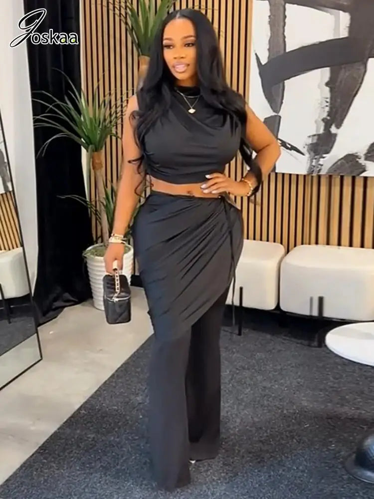 Wholesale Women's Ruched Crop Flare Two Piece Set Black – Side View