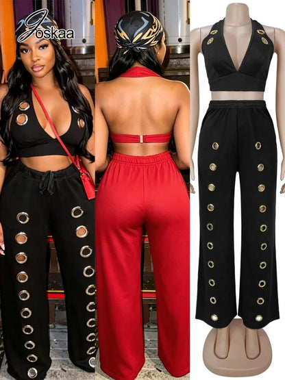 Women's Backless Halter Crop Two Piece Set – Women's Fashion Wholesale – Front View
