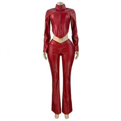 Joskaa Faux Leather Zip Up Long Sleeve Flare Two Piece Set - two piece set image 6