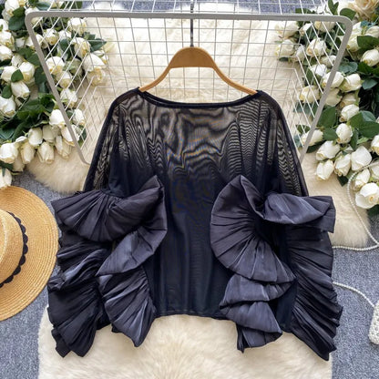 Women's Mesh Long Sleeve Luxury Blouse Ruffles Top