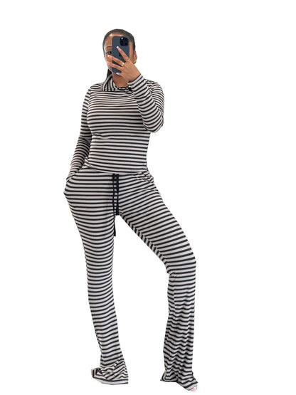 Women's Striped Long Sleeve Wide Leg Two Piece Set - Additional View 9