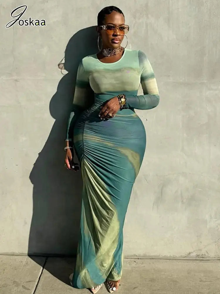 Women's Long Sleeve Bodycon Pleated Maxi Dress Blue Green – Front View