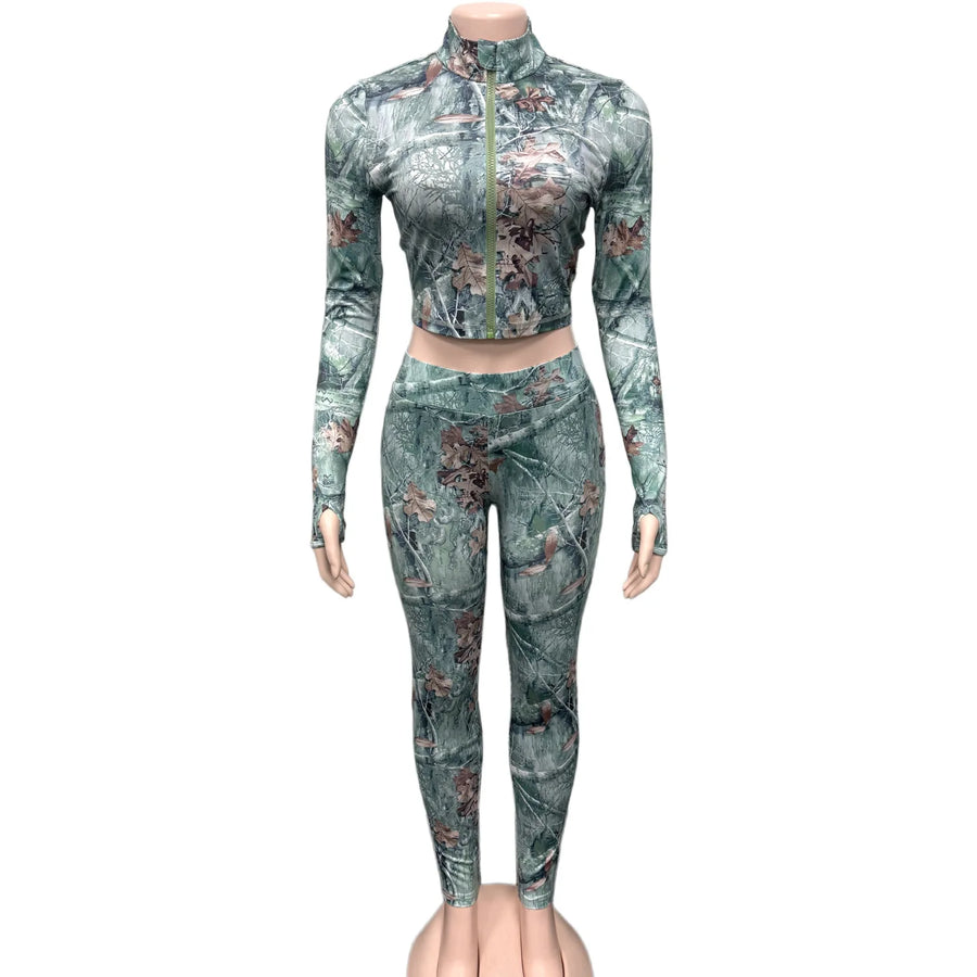 Women's Long Sleeve Crop High Waist Two Piece Set