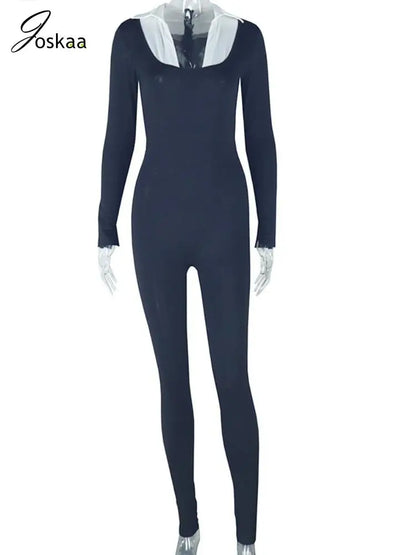 Women's Long Sleeve Bodycon Jumpsuit Romper Black – Back View