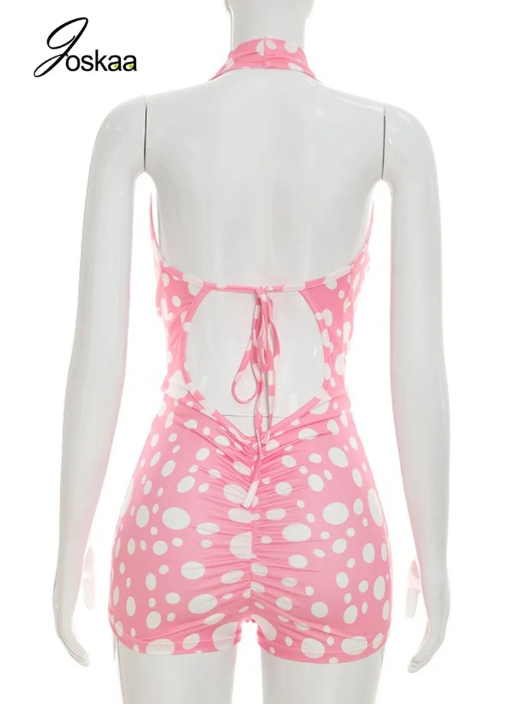 Women's Polka Dot Backless Halter Romper White – Detail View