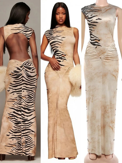 Women's Striped Ruched Backless Sleeveless Maxi Dress - Detail View 7