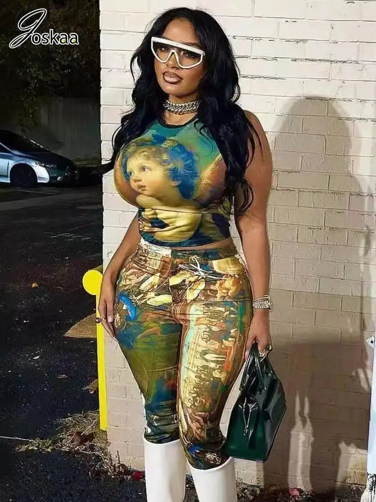 Women's Crop Bodycon Vintage Oil Painting Two Piece Set Caramel – Front View