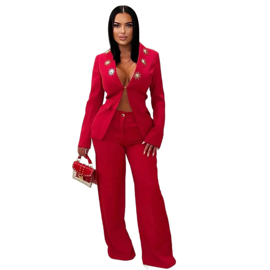 Women's Long Sleeve Elegant Deep V-neck Two Piece Set