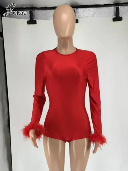 Women's Backless Long Sleeve Bodycon Romper Red – Back View
