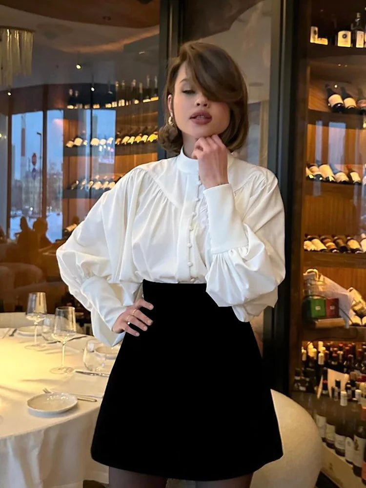 Women's Long Sleeve French Design Chic Top White – Side View