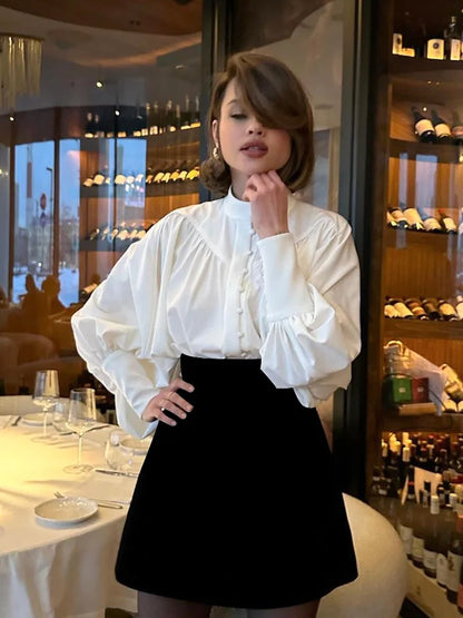 Women's Long Sleeve French Design Chic Top White – Side View
