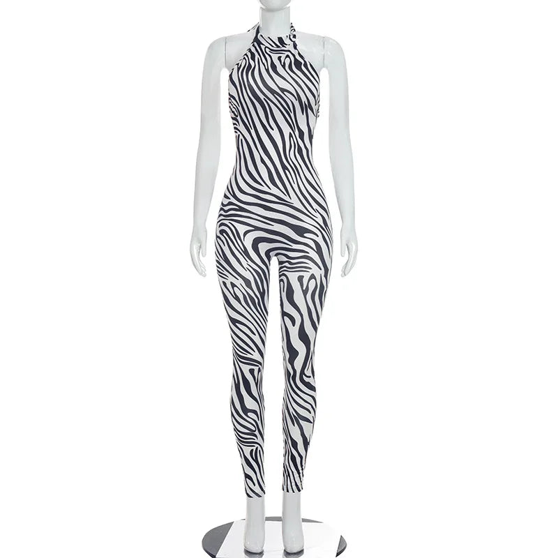 Women's Zebra Print Striped Backless Halter Romper - Additional View 9