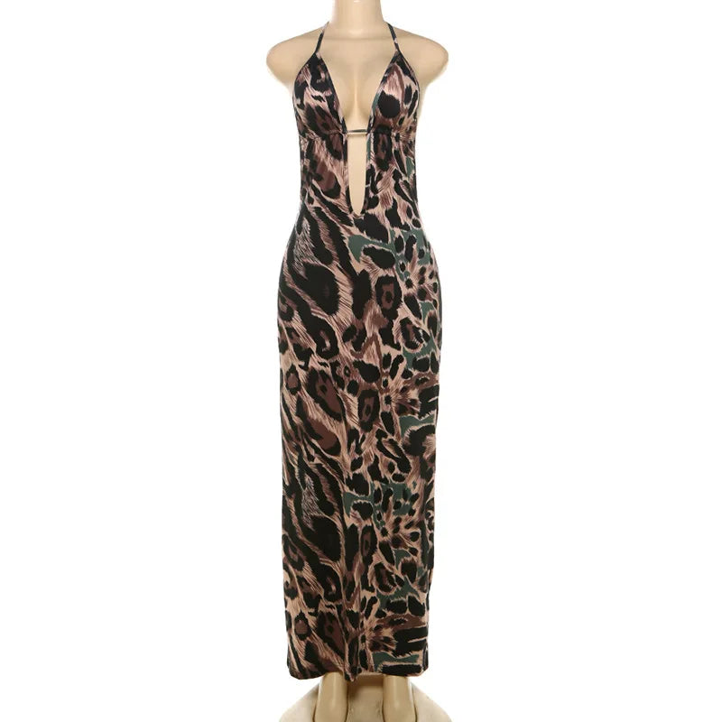 Women's Leopard Print Lace Backless Maxi Dress