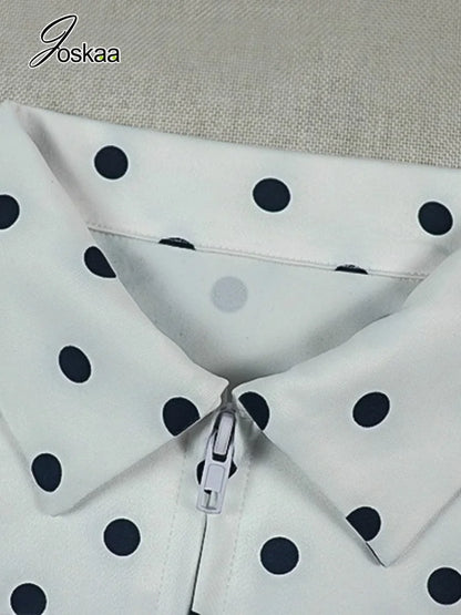 Women's Polka Dot Zip Up Sleeveless High Waist Two Piece Set - Model Wearing Style