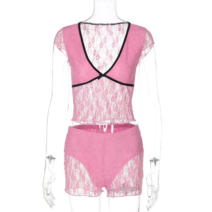 Wholesale Women's Lace Mesh Crop Two Piece Set
