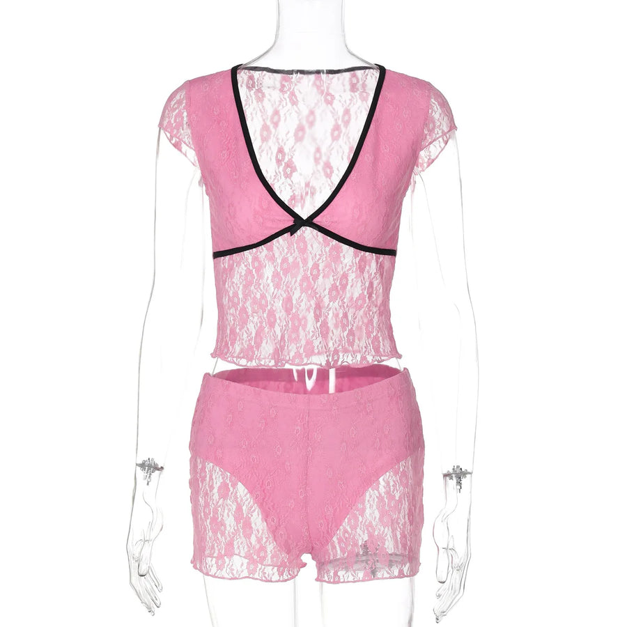 Wholesale Women's Lace Mesh Crop Two Piece Set
