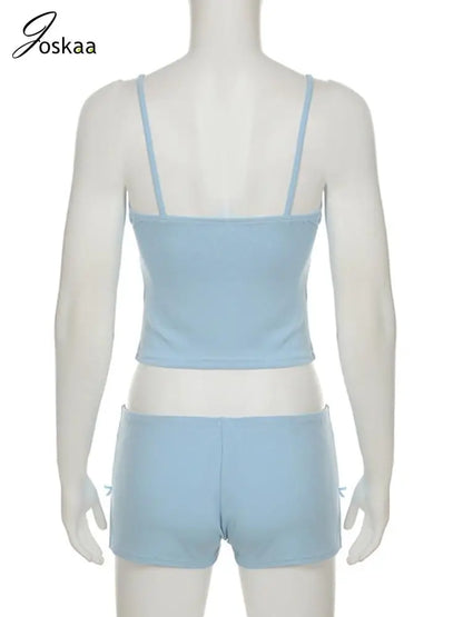 Women's Lace Crop Comfortable Patchwork Camisole Two Piece Set Blue – Detail View