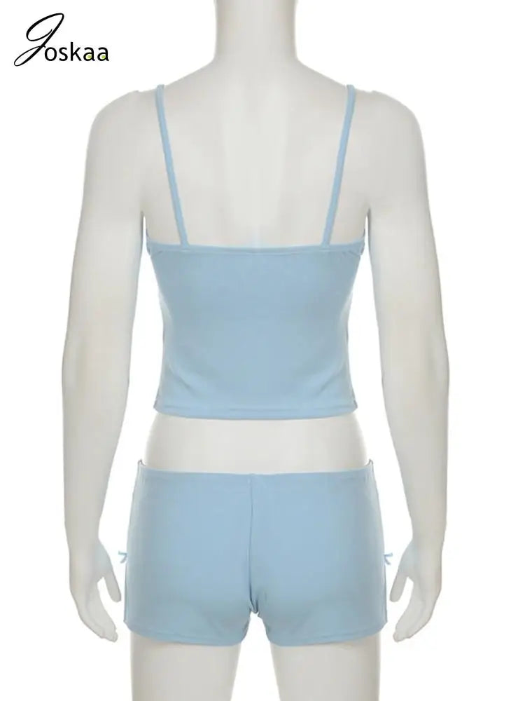 Women's Lace Crop Comfortable Patchwork Camisole Two Piece Set Blue – Detail View